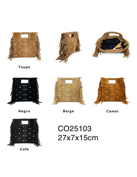 Bolsa de camurça com franjas e tachas.