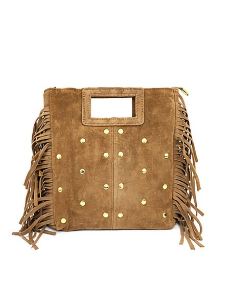 Bolsa de camurça com franjas e tachas.