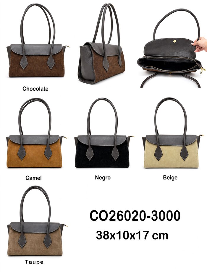 Bolso tote bicolor de piel y ante con solapa