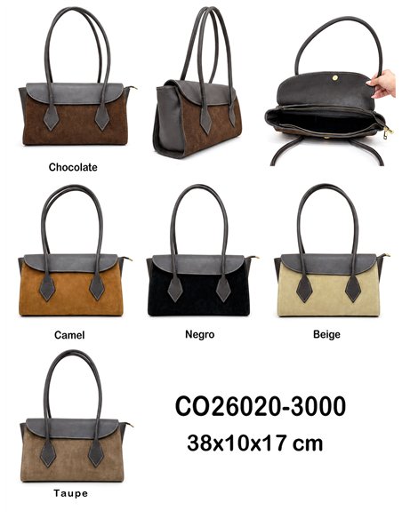 Bolso tote bicolor de piel y ante con solapa