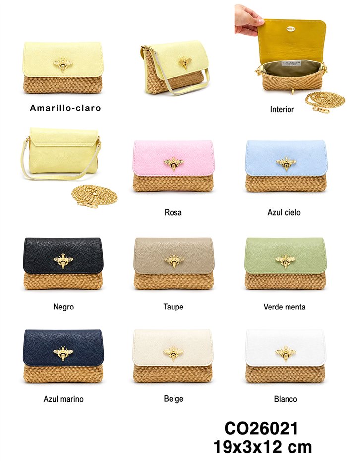 Bolso bandolera de rafia y piel solapa con abeja