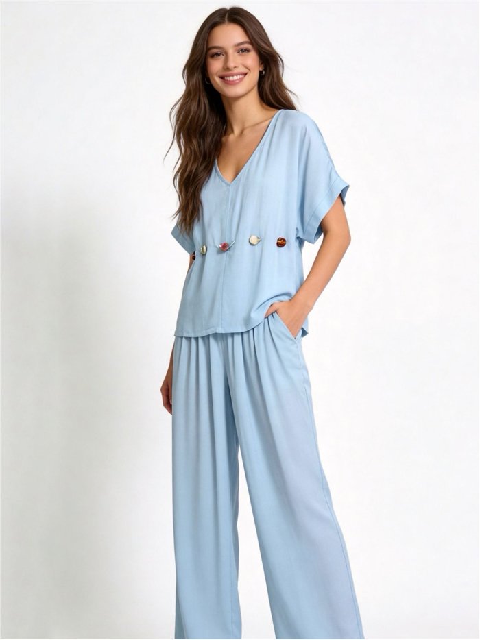 Embellished linen blouse and trousers set