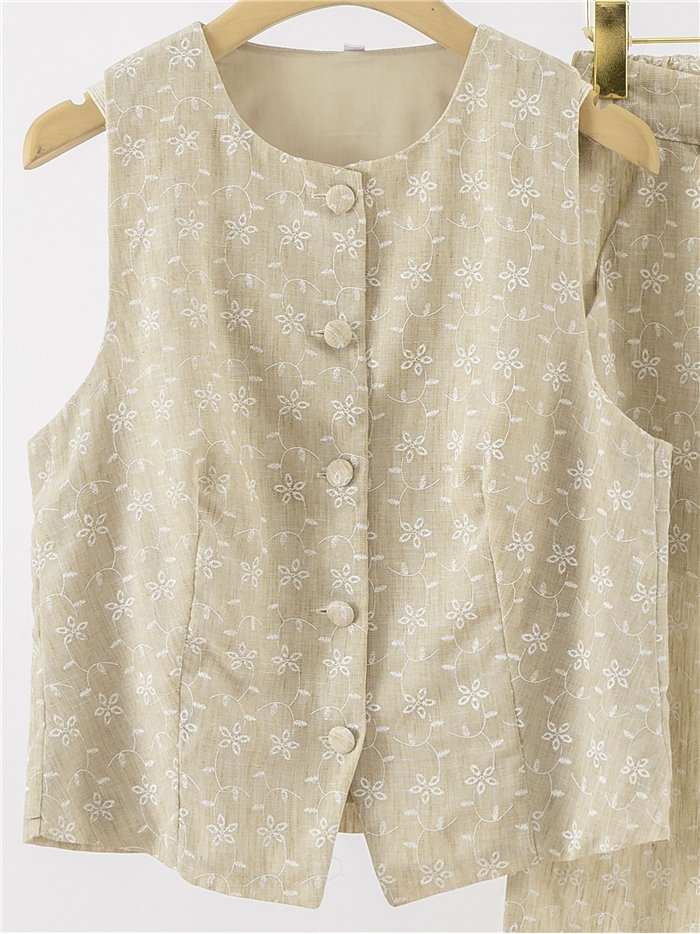 Floral print linen waistcoat + trousers set