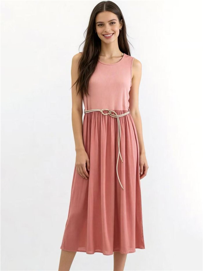 Belted sleeveless contrast cotton midi dress