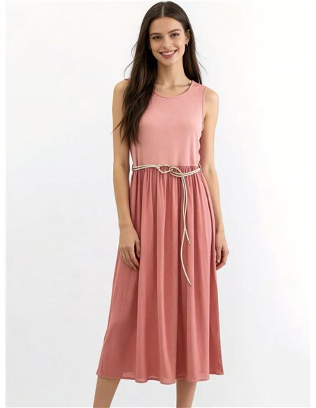 Belted sleeveless contrast cotton midi dress