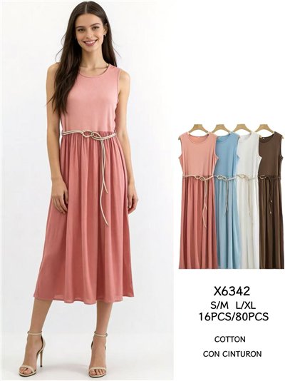 Belted sleeveless contrast cotton midi dress 2