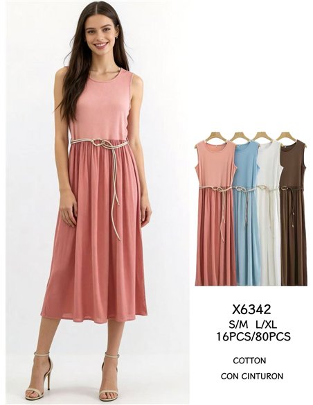 Belted sleeveless contrast cotton midi dress