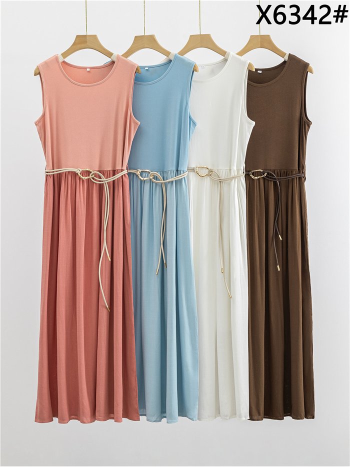 Belted sleeveless contrast cotton midi dress