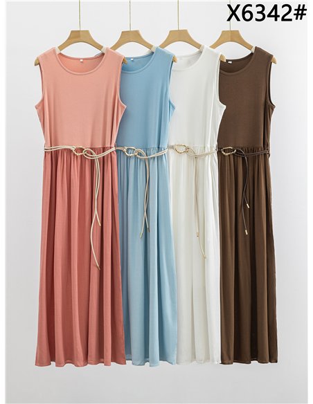 Belted sleeveless contrast cotton midi dress