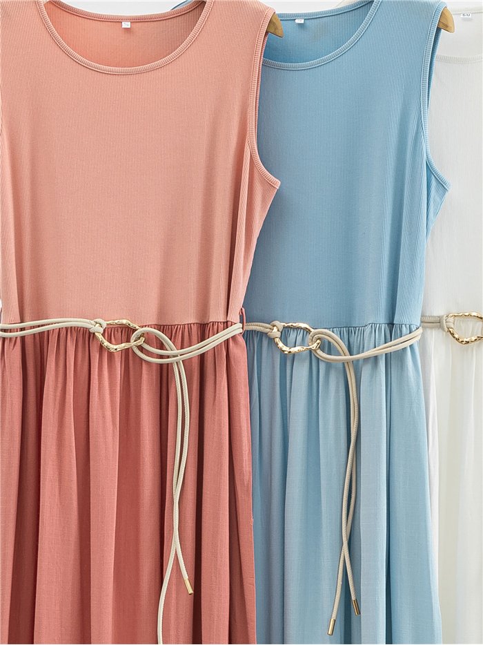 Belted sleeveless contrast cotton midi dress