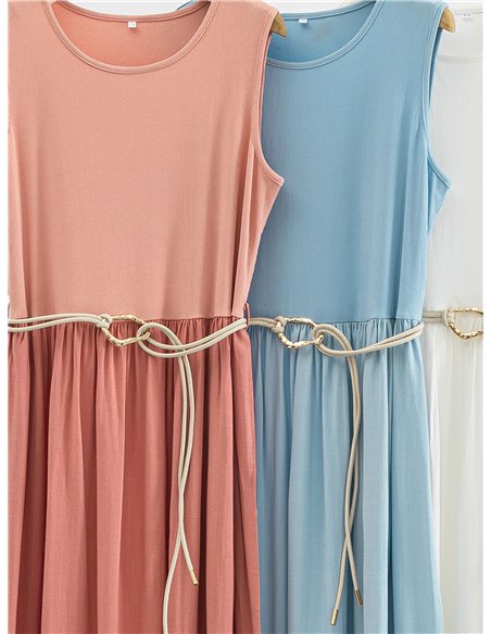 Belted sleeveless contrast cotton midi dress