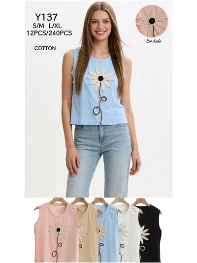 Camiseta sin mangas flor bordada 2