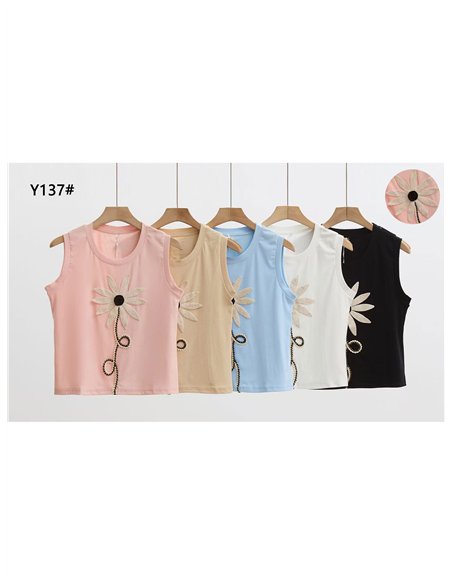Camiseta sin mangas flor bordada