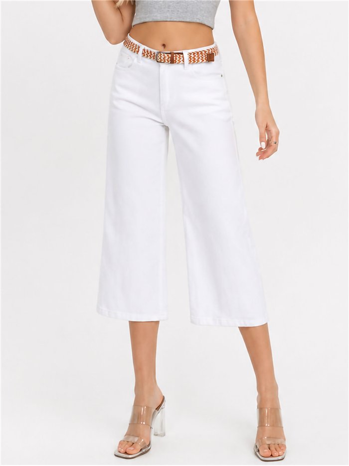 Pantalón vaquero culotte blanco cinturón