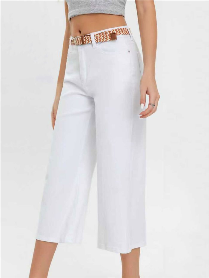 Pantalón vaquero culotte blanco cinturón