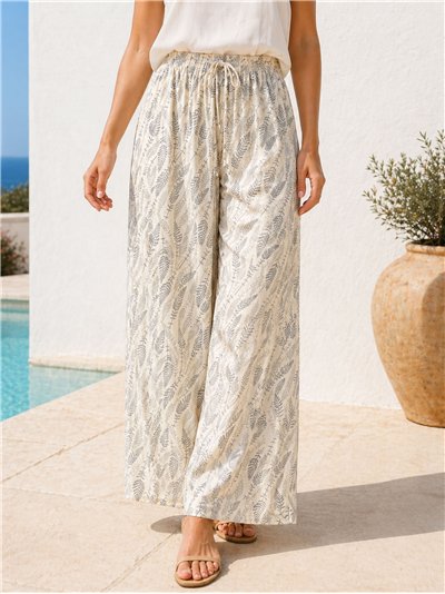 Calças palazzo com estampa de folhas
