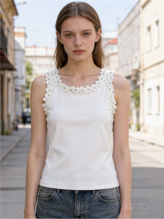 Blusa sem mangas com estampa floral em relevo