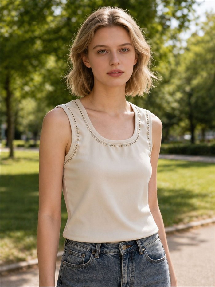 Embroidered trim sleeveless top