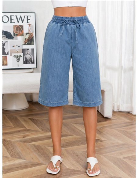 Elastic waist denim culotte trousers