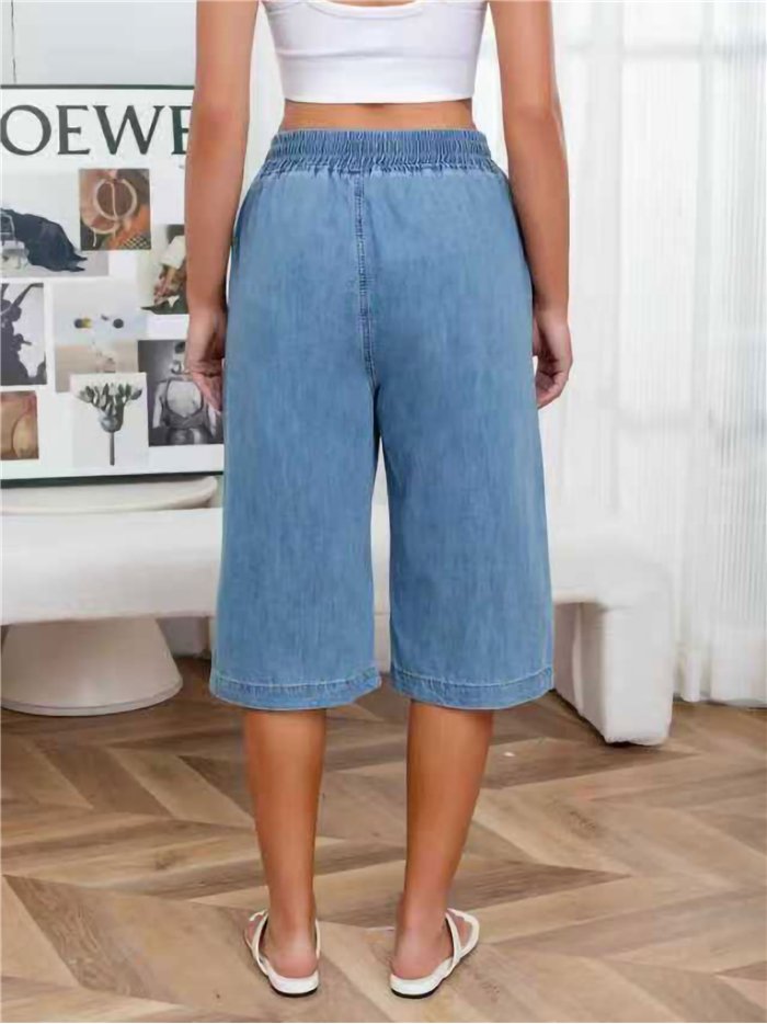 Elastic waist denim culotte trousers