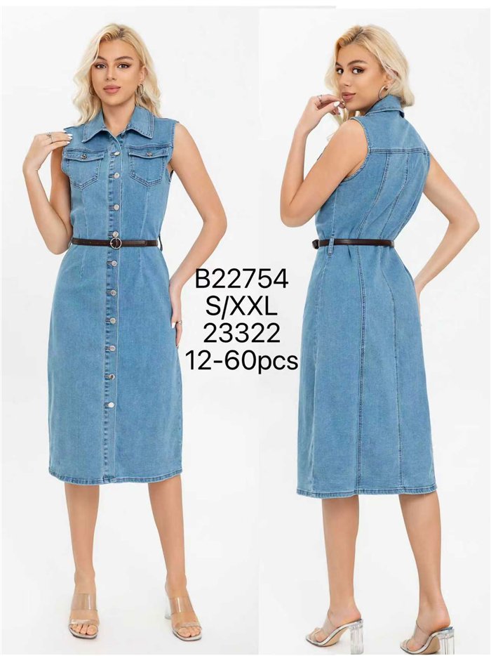 Vestido camisa jeans sem mangas com cinto