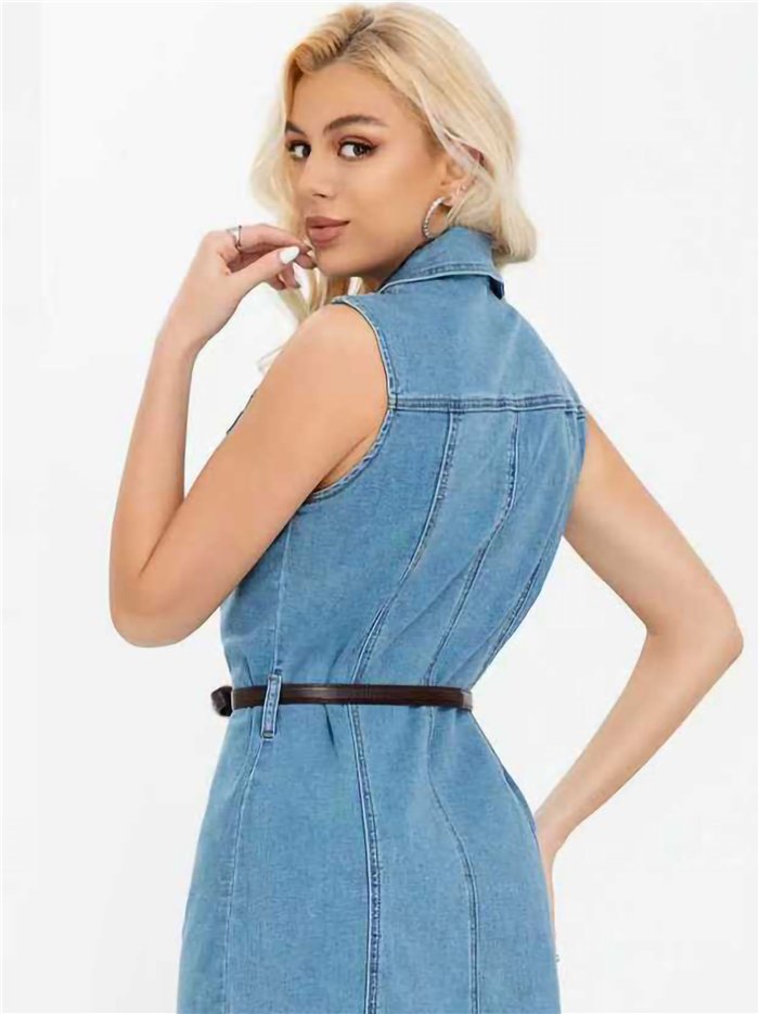 Vestido camisa jeans sem mangas com cinto
