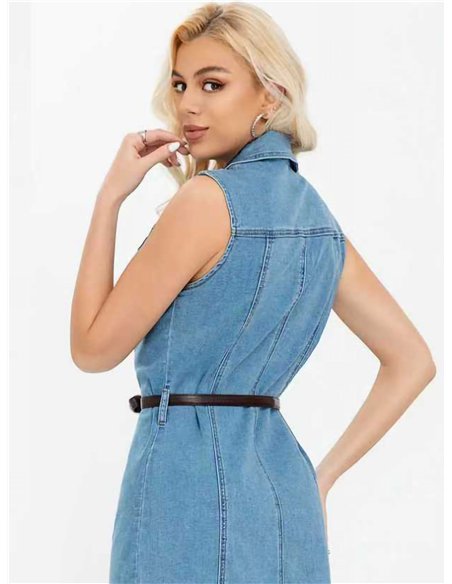 Vestido camisa jeans sem mangas com cinto