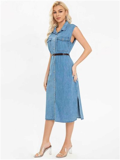 Vestido camisa jeans sem mangas com cinto