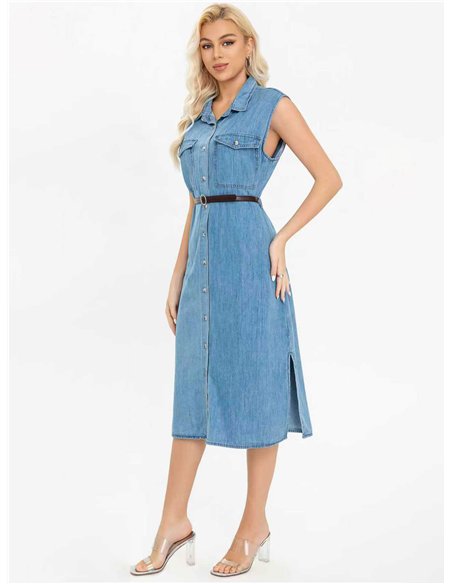 Sleeveless denim shirt dress with belt
