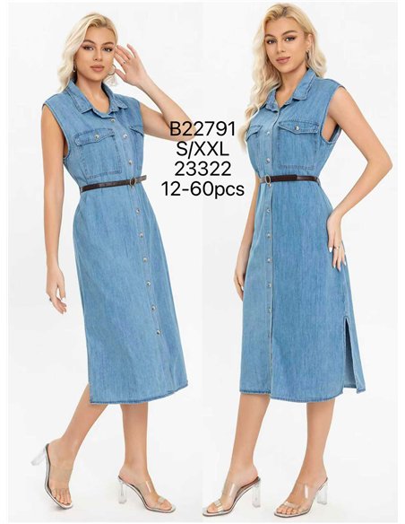 Sleeveless denim shirt dress with belt