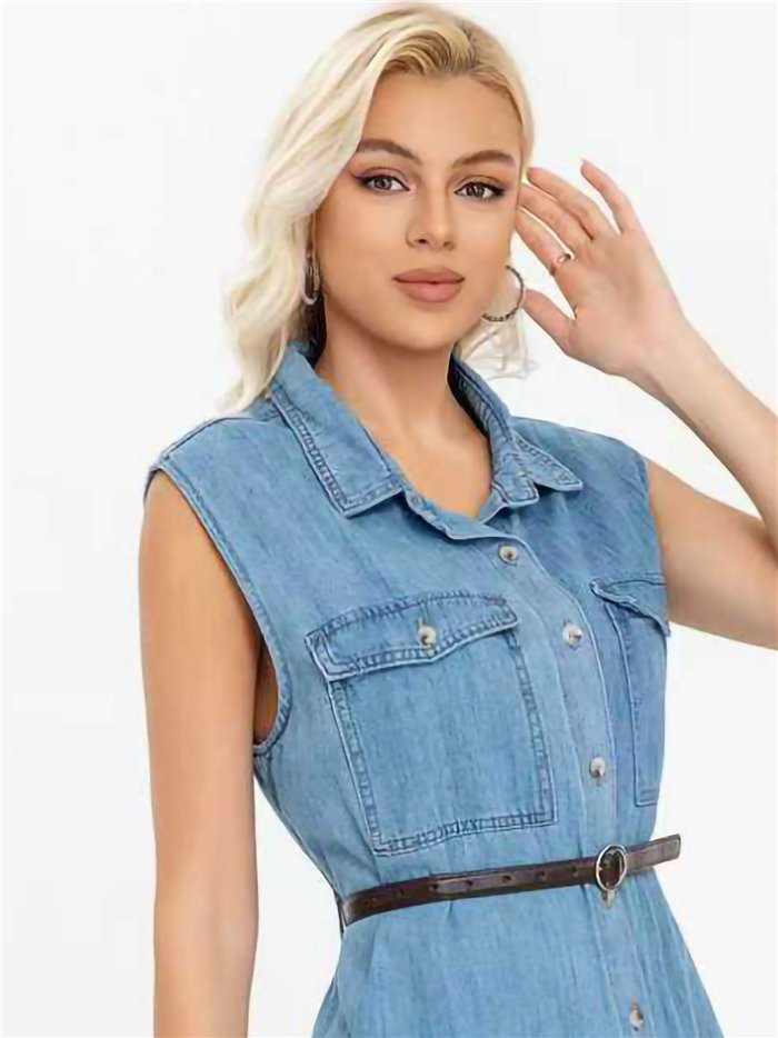 Sleeveless denim shirt dress with belt
