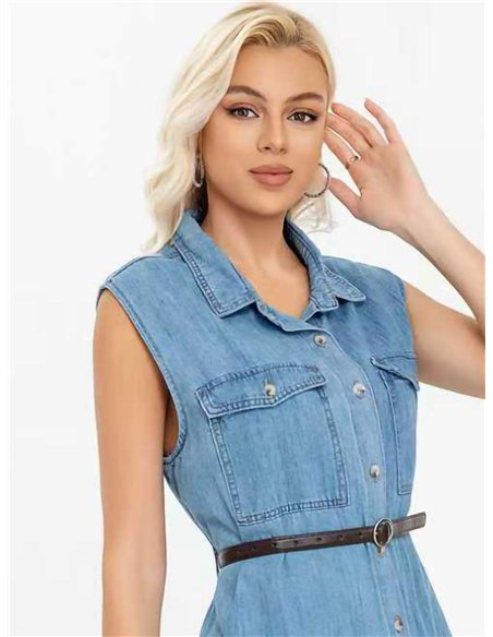 Sleeveless denim shirt dress with belt