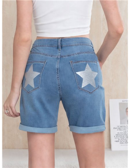 Bermuda jeans plus size com glitter e estrelas