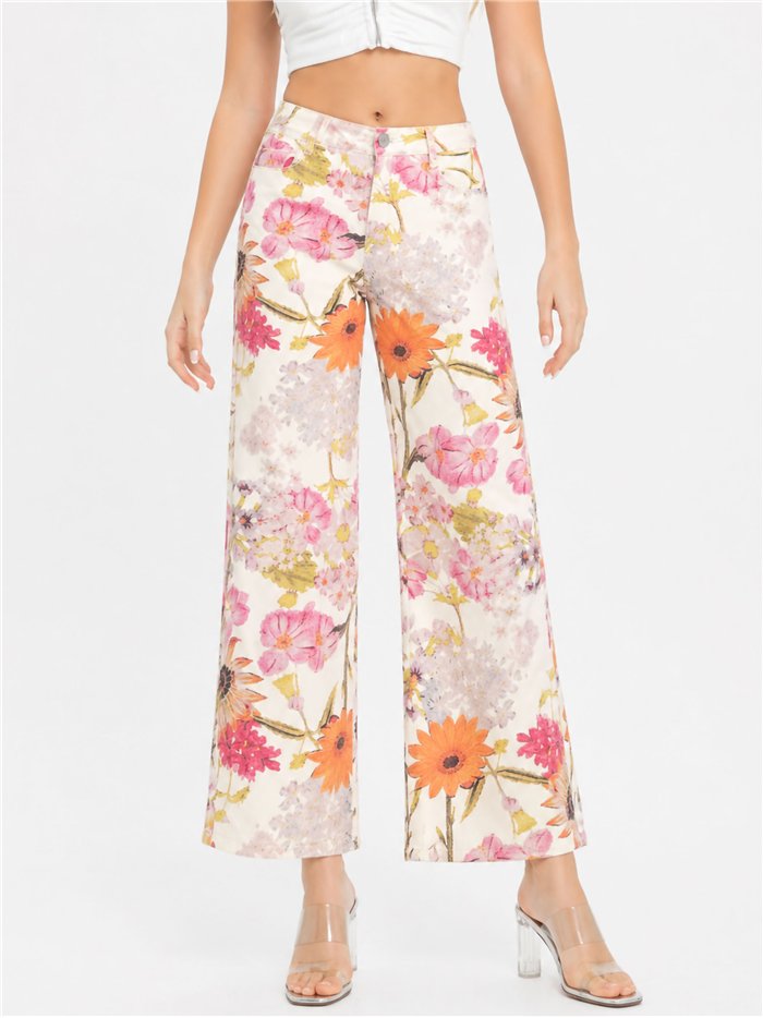 Floral print wide leg jeans