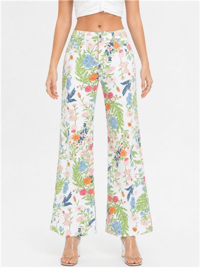 calça jeans de perna larga com estampa floral