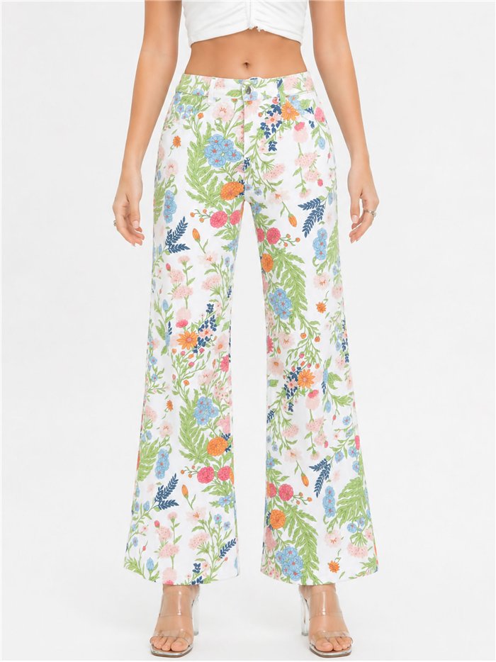calça jeans de perna larga com estampa floral