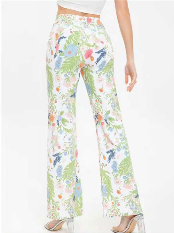 calça jeans de perna larga com estampa floral