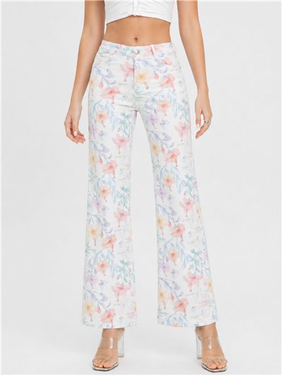calça jeans de perna larga com estampa floral