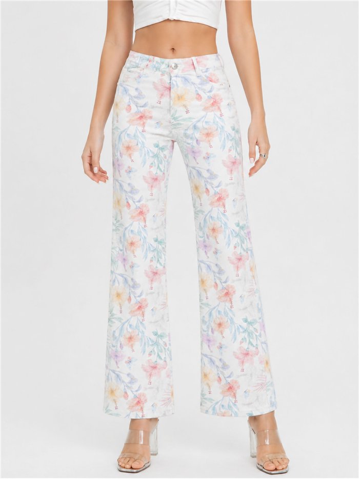calça jeans de perna larga com estampa floral