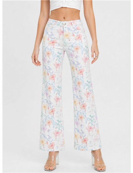 calça jeans de perna larga com estampa floral