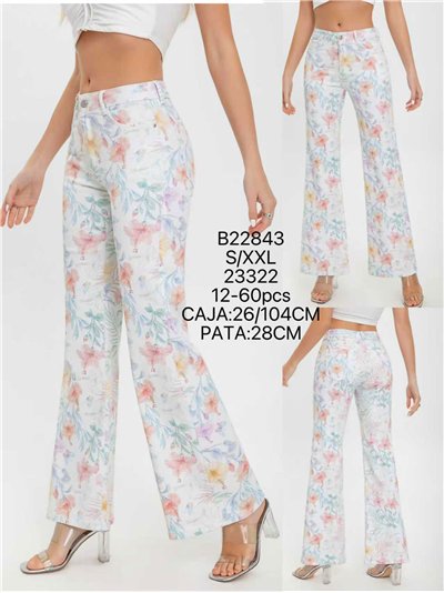 calça jeans de perna larga com estampa floral 2