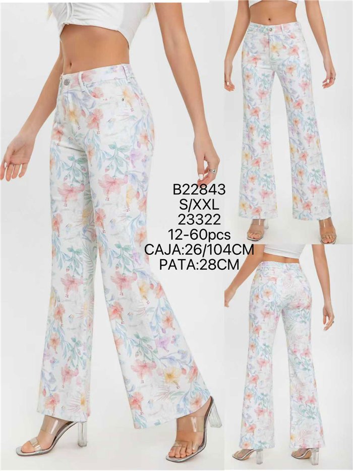 calça jeans de perna larga com estampa floral