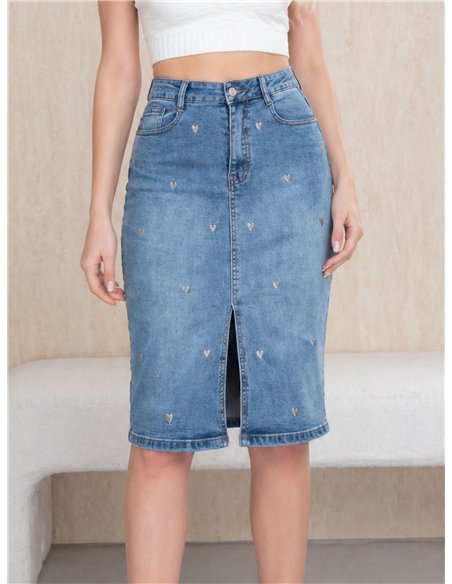Heart embroidered denim midi skirt