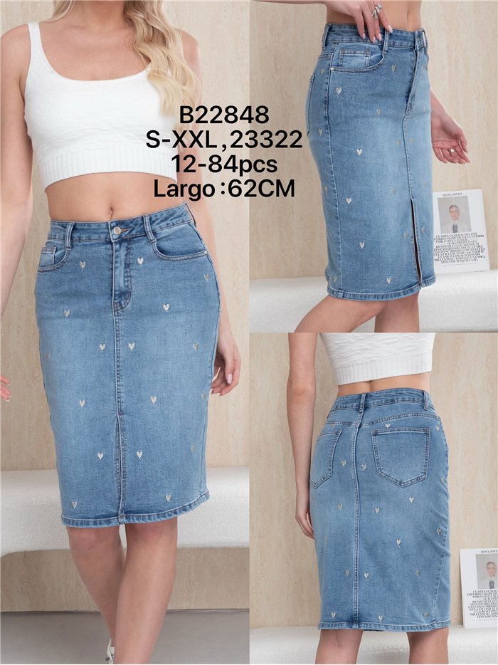 Heart embroidered denim midi skirt