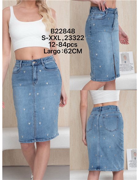 Heart embroidered denim midi skirt