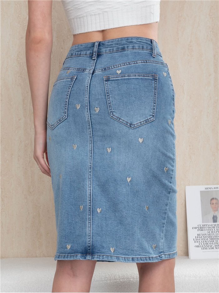 Heart embroidered denim midi skirt