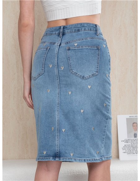 Heart embroidered denim midi skirt
