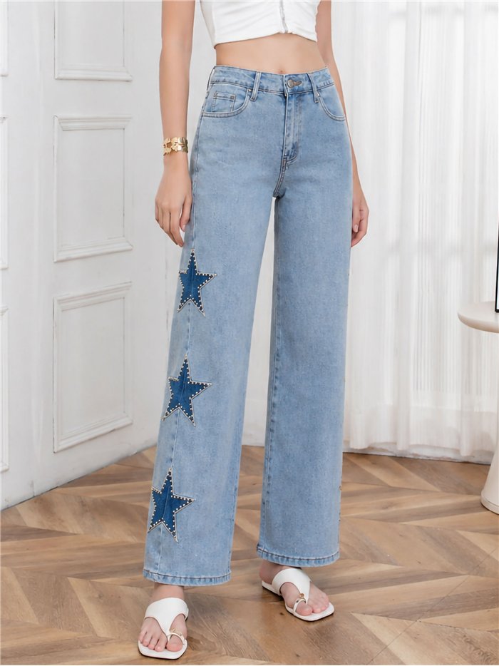 Side star wide leg jeans with studs