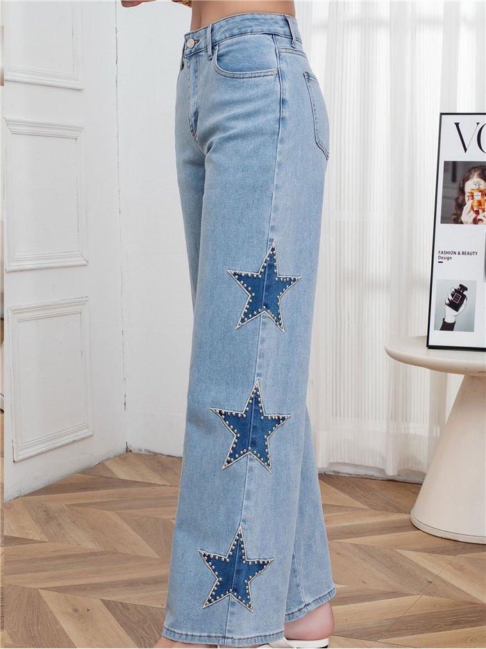 Side star wide leg jeans with studs