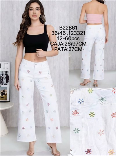 Calça jeans de perna larga com flores bordadas 2